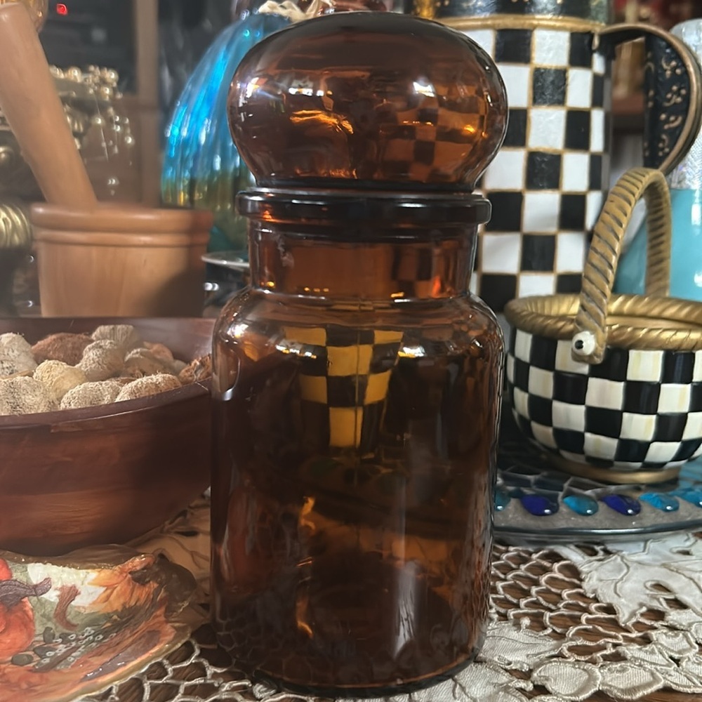 Vintage Apothecary Amber Brown Glass Jar with Bubble Lid